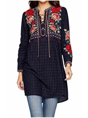 Johnny Was Women’s Sz M Mica Blue Floral Embroidered Plaid Dress Long Sleeeve